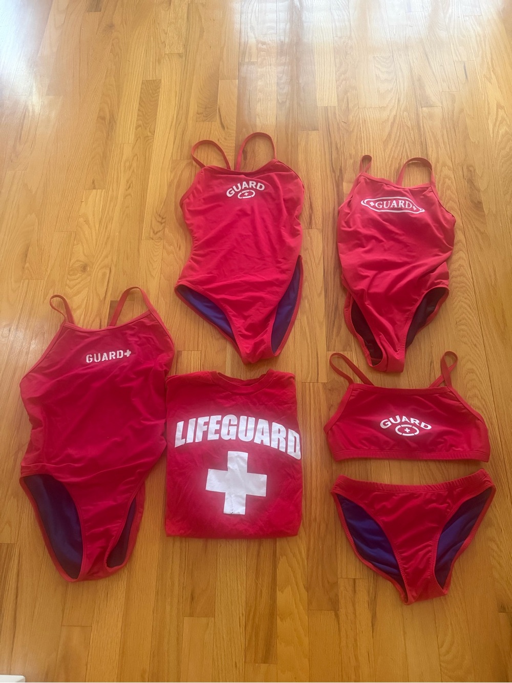 Women’s Lifeguard Set- 3 One-Piece Swim Suits, 1 Bikini & 1 T-Shirt